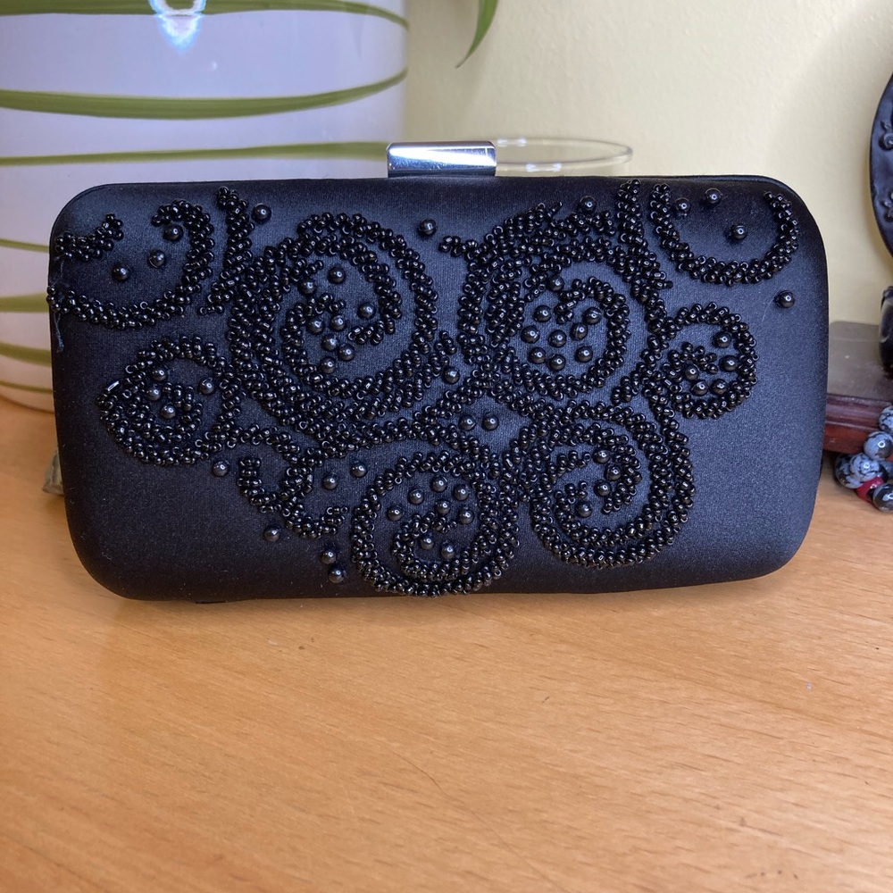 Ann Taylor Black Clutch with Swirl Bead Design